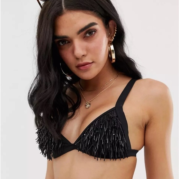 MISSGUIDED Black Beaded Triangle Swim Bikini Top size 10 - Picture 2 of 9